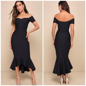 Lulus Midnight Blue Off Shoulder Midi Dress Ponte Knit Trumpet Hem NWT L